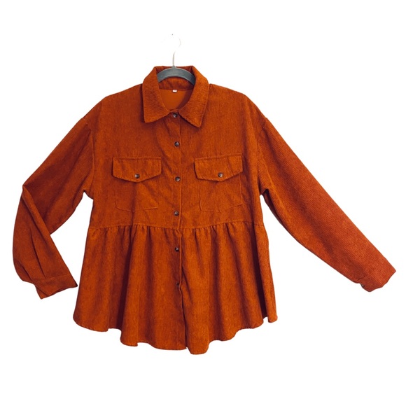 Tops - NEW Orange Corduroy Oversized Peplum Long Sleeve Button Down Blouse (M)